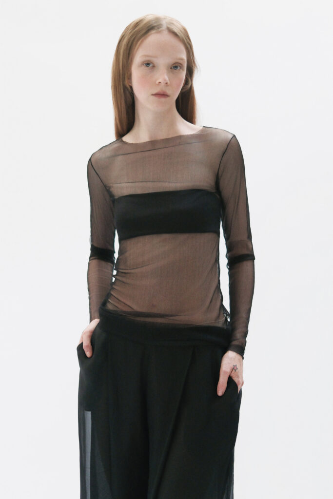 Black Silk Mesh Top - Round Neck